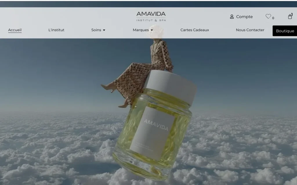 Accueil du site d'Amavida, institut de beauté et spa avec boutique en ligne, réalisé par Station Tech