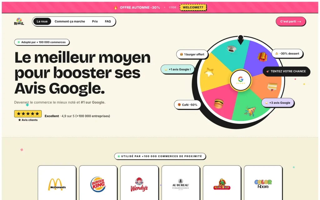 Accueil de Riwil, la roue qui aide les commerces à récolter des avis Google