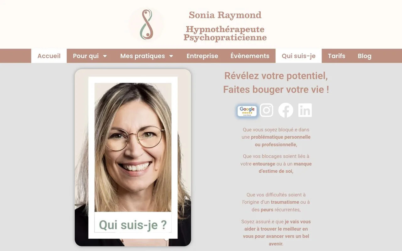 Accueil du site de Sonia Raymond, hypnothérapeute et psychopraticienne, réalisé par Station Tech